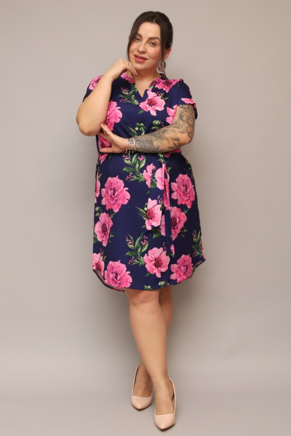 Sukienka plus size granatowa print kwiaty koszulowa z paskiem Milena 1