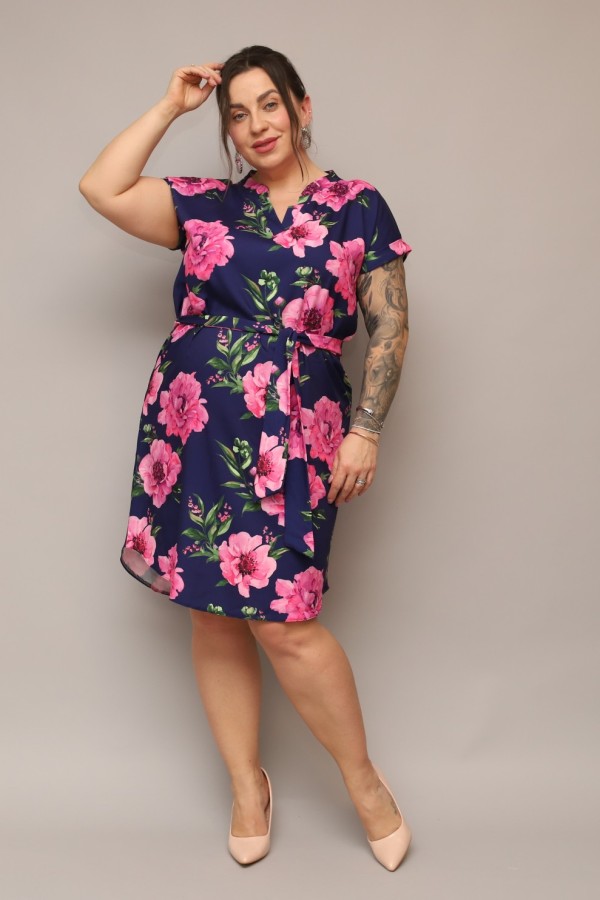 Sukienka plus size granatowa print kwiaty koszulowa z paskiem Milena 3