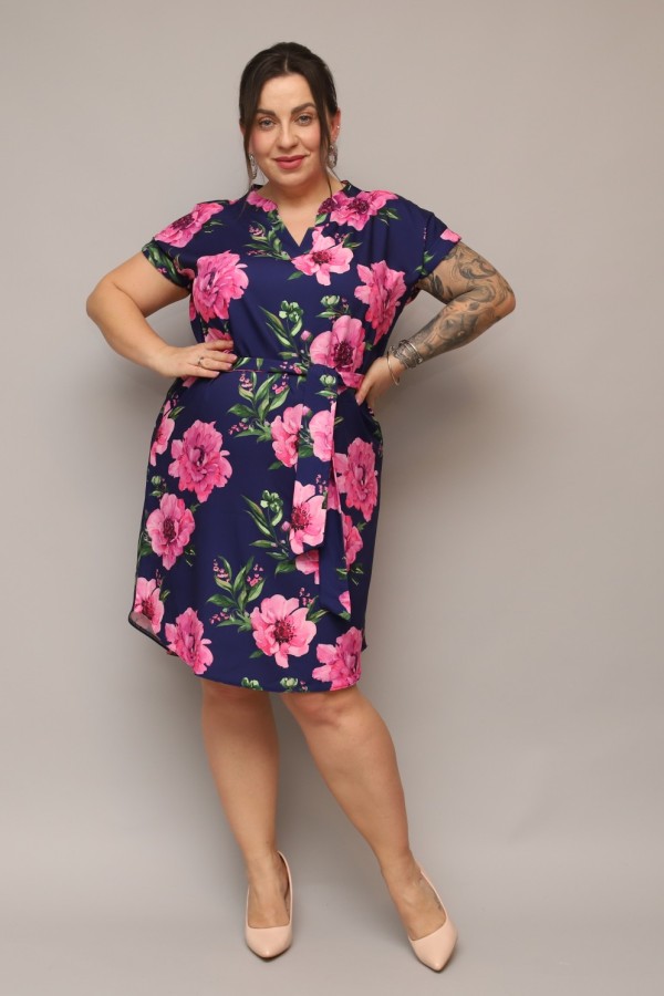 Sukienka plus size granatowa print kwiaty koszulowa z paskiem Milena 6