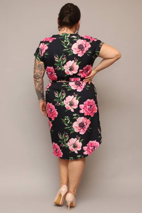 Sukienka plus size czarna print kwiaty koszulowa z paskiem Milena 6