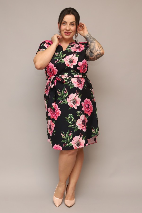 Sukienka plus size czarna print kwiaty koszulowa z paskiem Milena 1