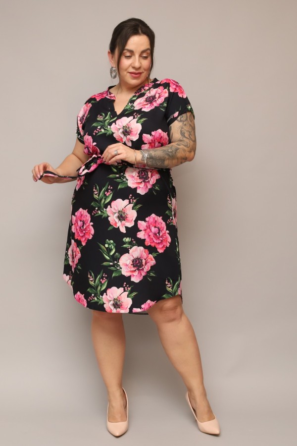 Sukienka plus size czarna print kwiaty koszulowa z paskiem Milena 2