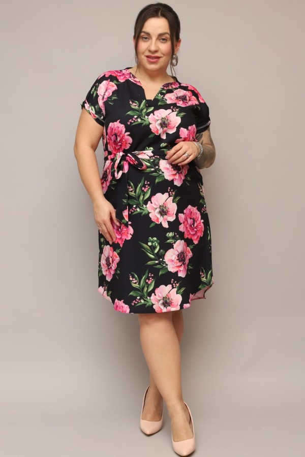 Sukienka plus size czarna print kwiaty koszulowa z paskiem Milena 3