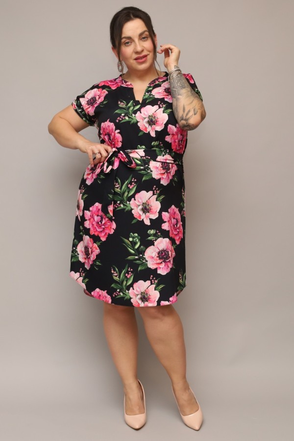 Sukienka plus size czarna print kwiaty koszulowa z paskiem Milena 5