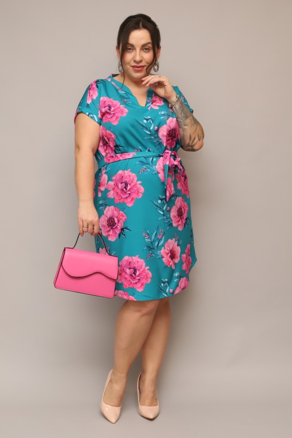 Sukienka plus size morska print kwiaty koszulowa z paskiem Milena 1