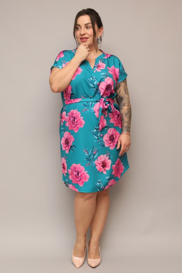 Sukienka plus size morska print kwiaty koszulowa z paskiem Milena 2