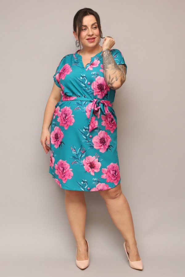 Sukienka plus size morska print kwiaty koszulowa z paskiem Milena 3