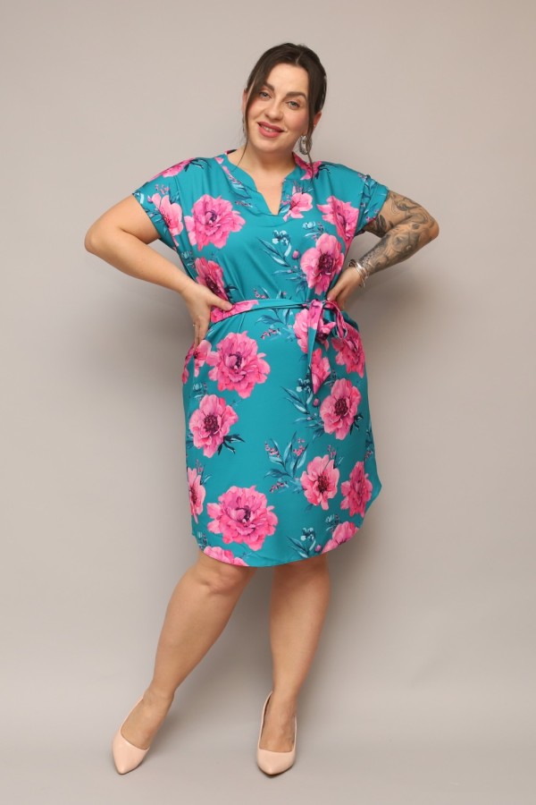 Sukienka plus size morska print kwiaty koszulowa z paskiem Milena 6