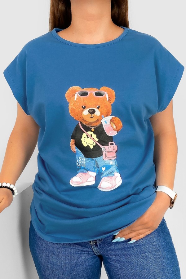 T-shirt damski nietoperz w kolorze denim nadruk miś teddy