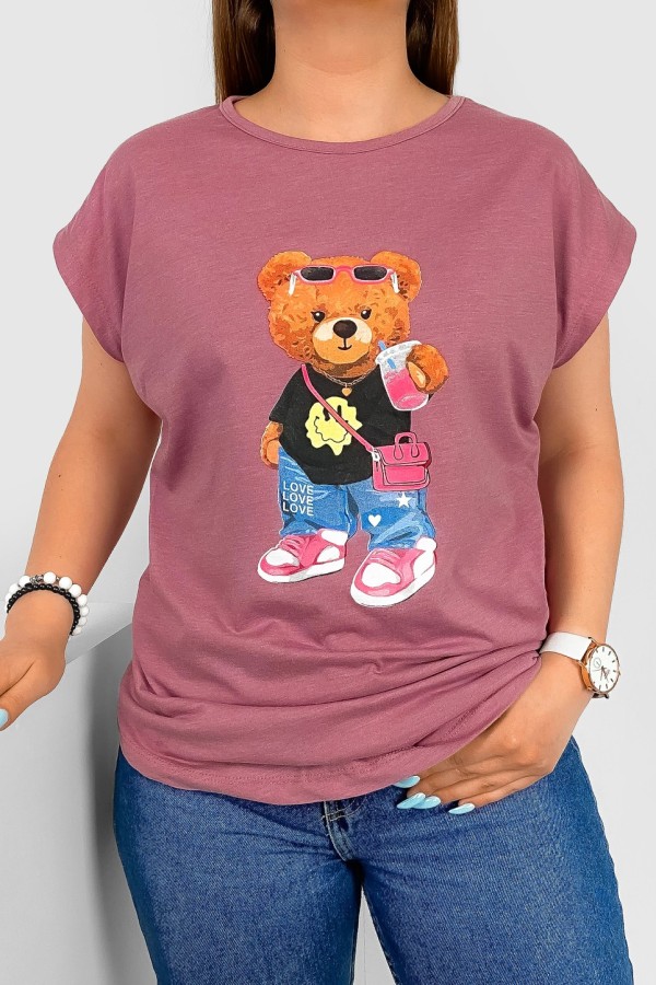 T-shirt damski nietoperz w kolorze brudnego różu nadruk miś teddy