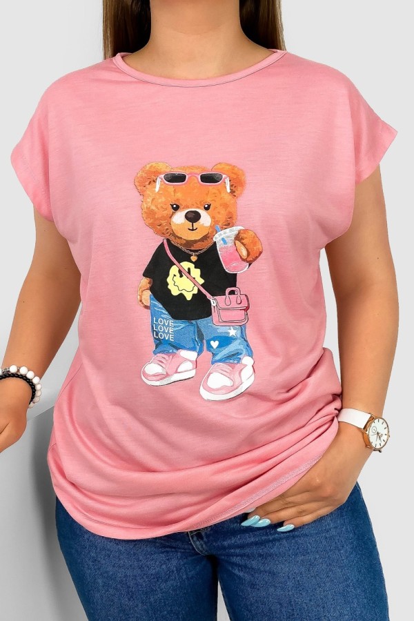 T-shirt damski nietoperz w kolorze różowego melanżu nadruk miś teddy