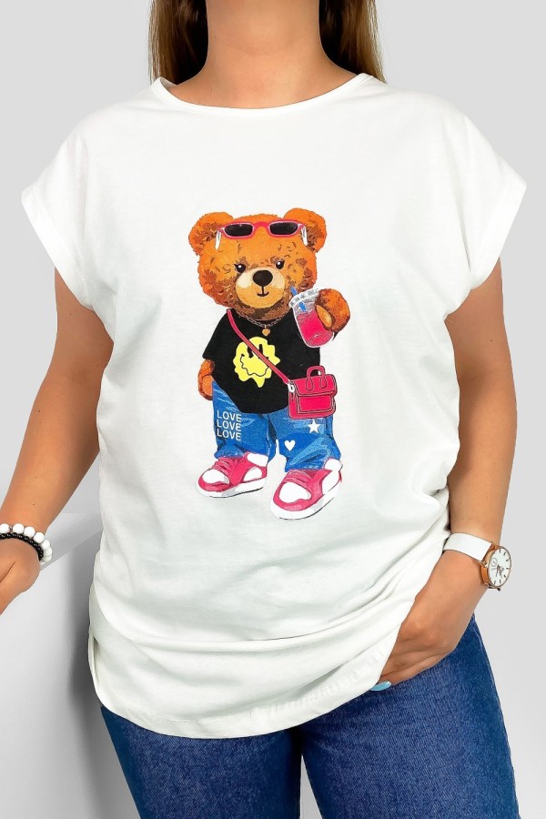 T-shirt damski nietoperz w kolorze ecru nadruk miś teddy