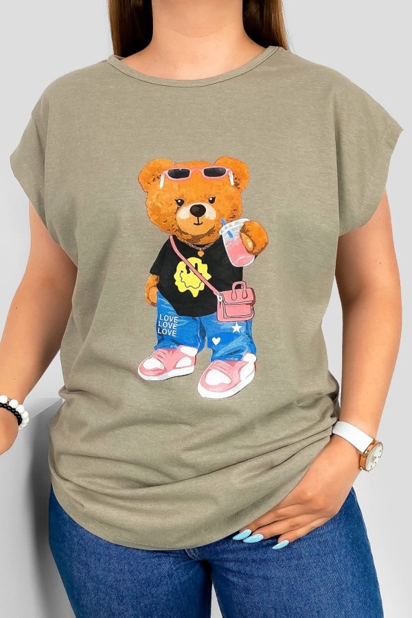 T-shirt damski nietoperz w kolorze beżowego melanżu nadruk miś teddy