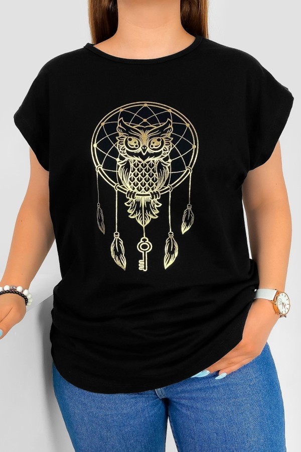 T-shirt damski nietoperz w kolorze czarnym nadruk złota sowa puchacz
