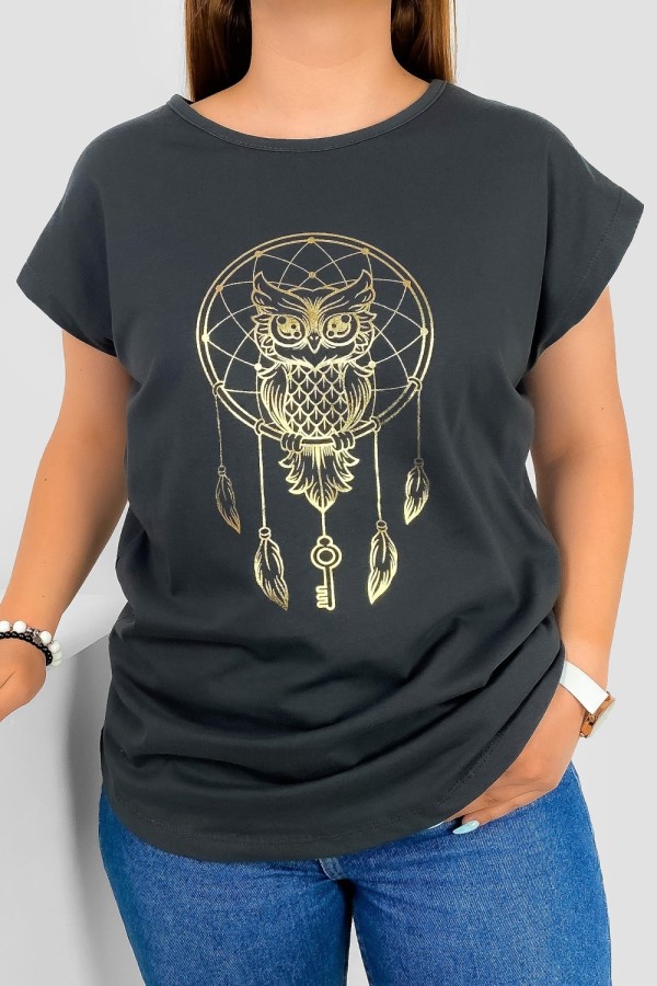 T-shirt damski nietoperz w kolorze grafitowym nadruk złota sowa puchacz