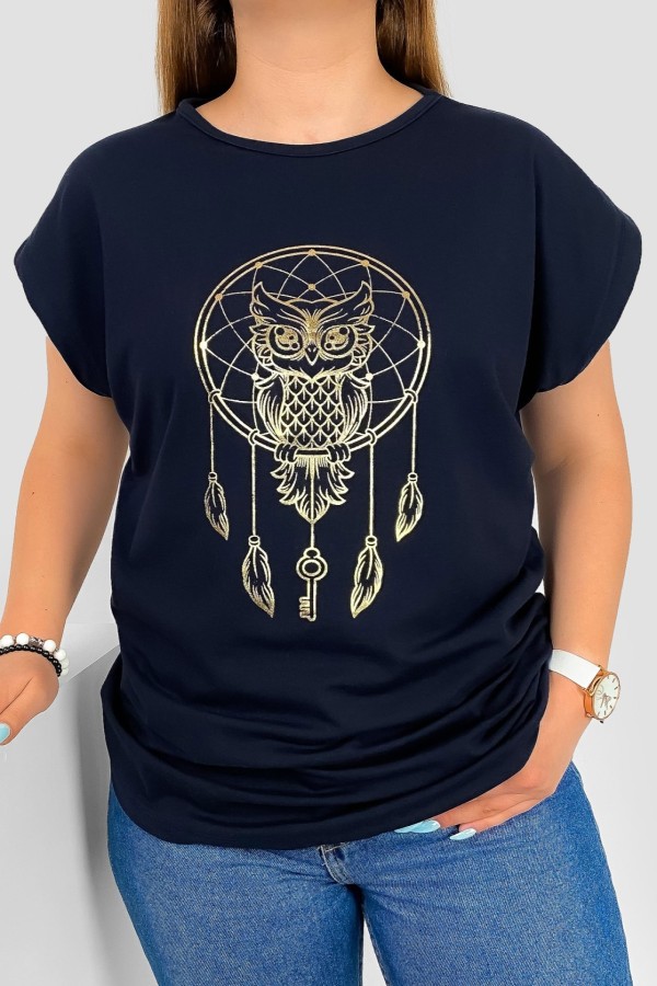 T-shirt damski nietoperz w kolorze granatowym nadruk złota sowa puchacz