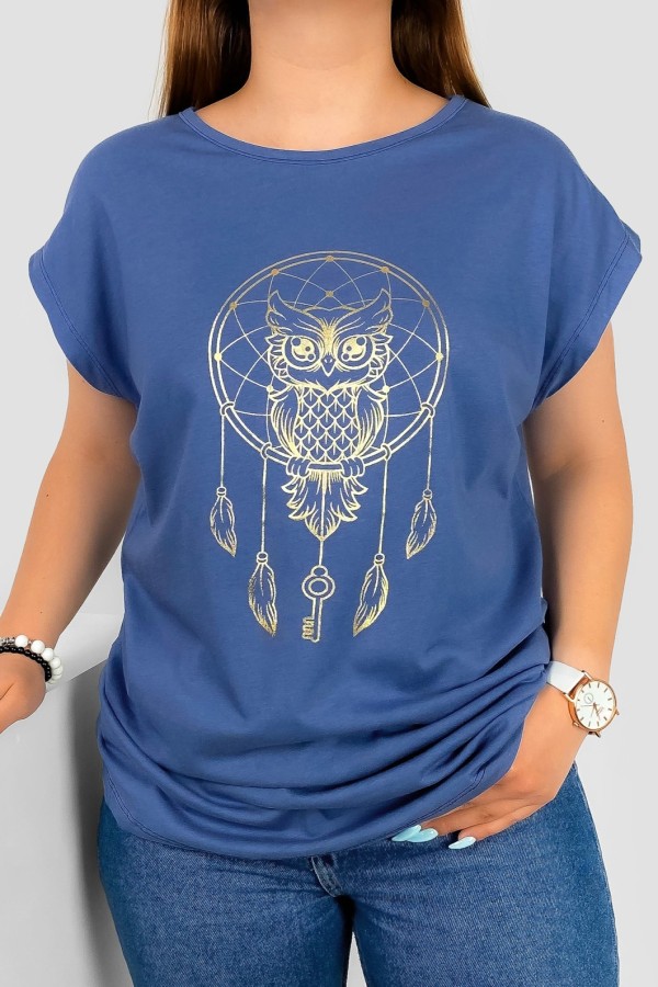 T-shirt damski nietoperz w kolorze denim nadruk złota sowa puchacz