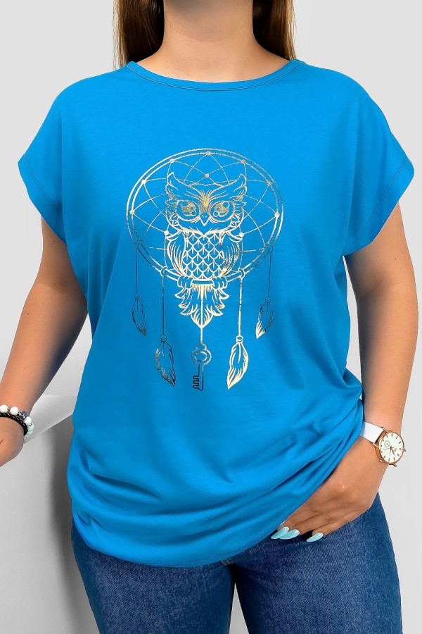 T-shirt damski nietoperz w kolorze turkusowym nadruk złota sowa puchacz