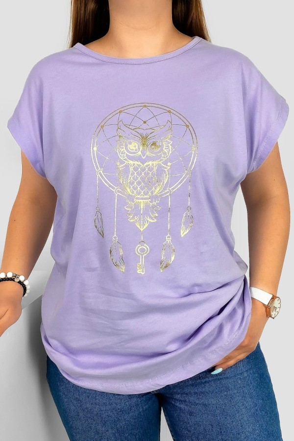 T-shirt damski nietoperz w kolorze lila fiolet nadruk złota sowa puchacz