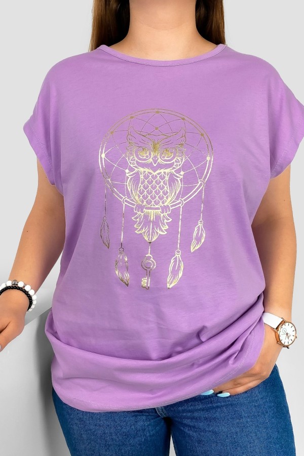 T-shirt damski nietoperz w kolorze wrzosowym nadruk złota sowa puchacz