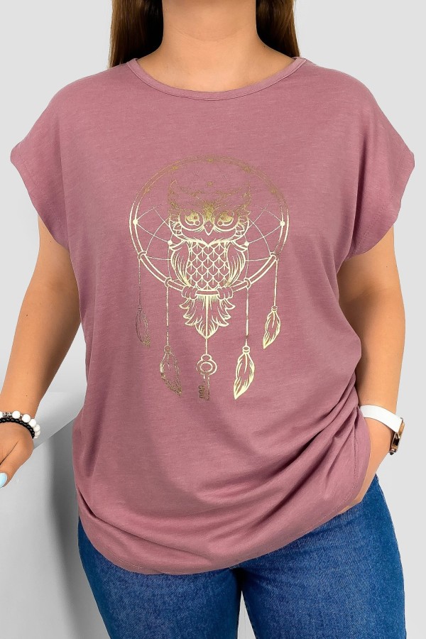 T-shirt damski nietoperz w kolorze brudnego różu nadruk złota sowa puchacz