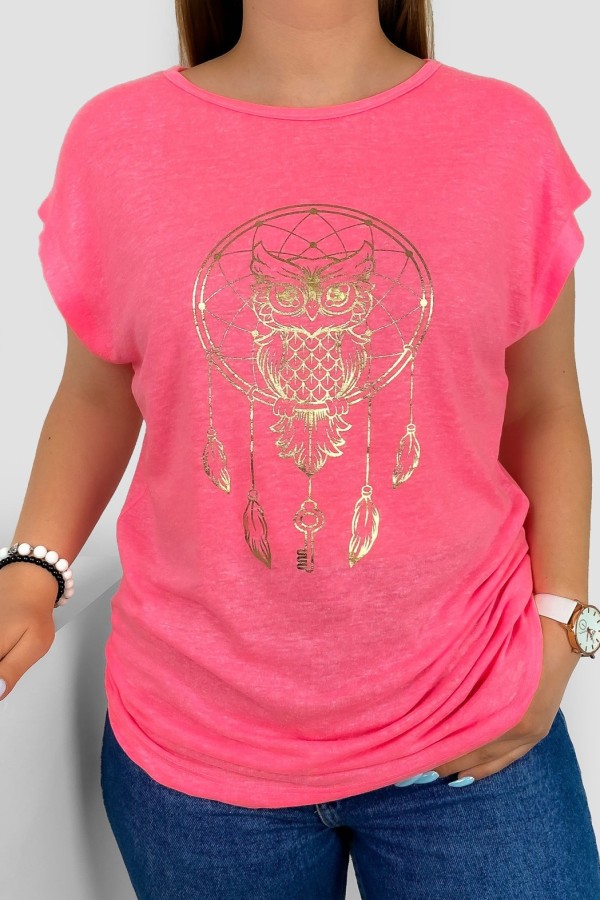T-shirt damski nietoperz w kolorze fluo różowym nadruk złota sowa puchacz