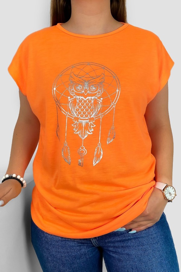 T-shirt damski nietoperz w kolorze fluo pomarańczowym nadruk srebrna sowa puchacz