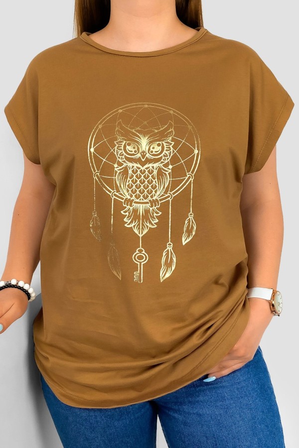 T-shirt damski nietoperz w kolorze orzechowym nadruk złota sowa puchacz