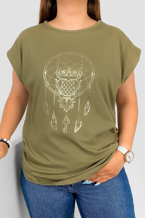 T-shirt damski nietoperz w kolorze khaki nadruk złota sowa puchacz