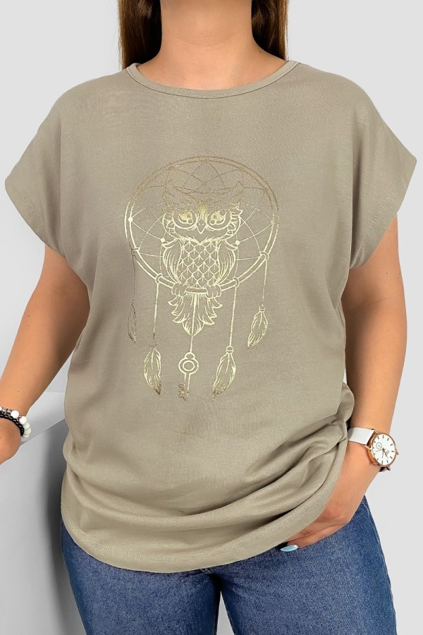 T-shirt damski nietoperz w kolorze beżowym nadruk złota sowa puchacz