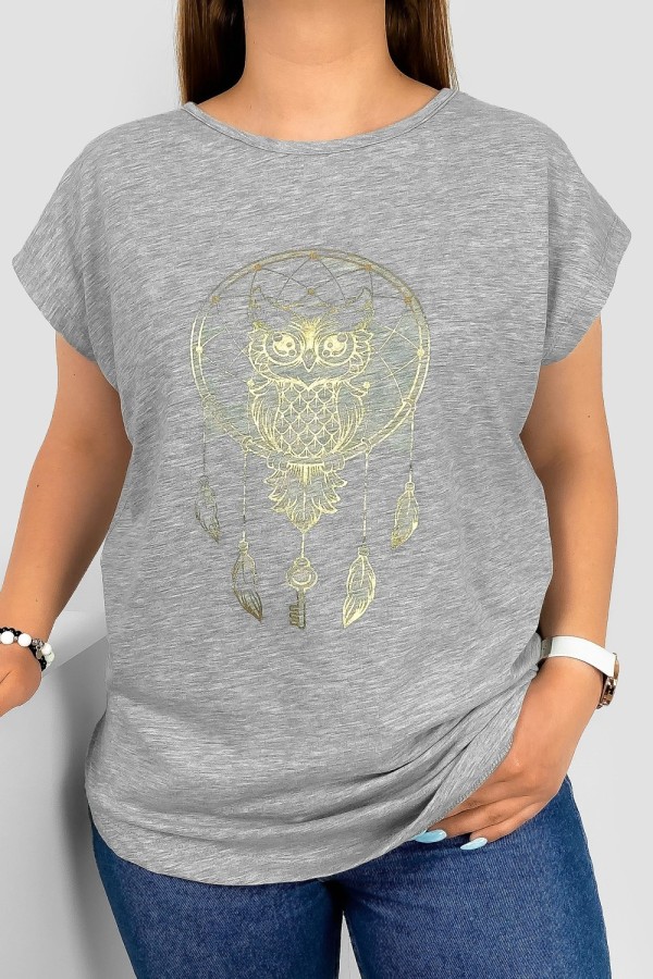 T-shirt damski nietoperz w kolorze szarego melanżu nadruk złota sowa puchacz
