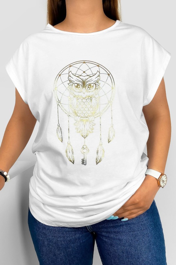 T-shirt damski nietoperz w kolorze białym nadruk złota sowa puchacz