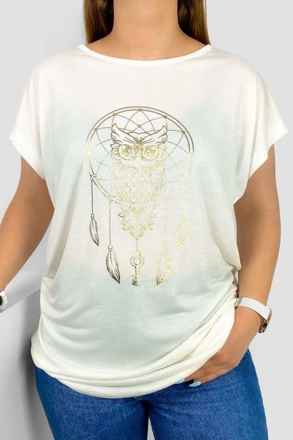 T-shirt damski nietoperz w kolorze ecru nadruk złota sowa puchacz
