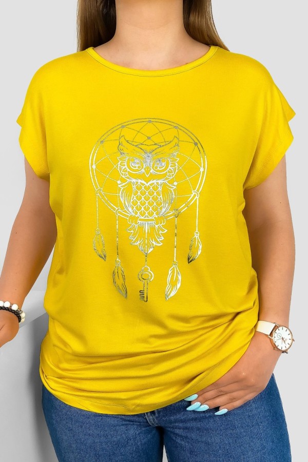 T-shirt damski nietoperz w kolorze żółtym nadruk złota sowa puchacz