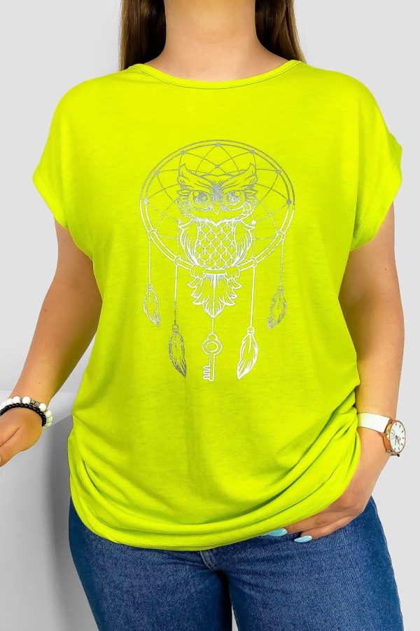 T-shirt damski nietoperz w kolorze limonkowym nadruk złota sowa puchacz