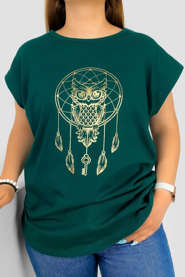 T-shirt damski nietoperz w kolorze butelkowej zieleni nadruk złota sowa puchacz