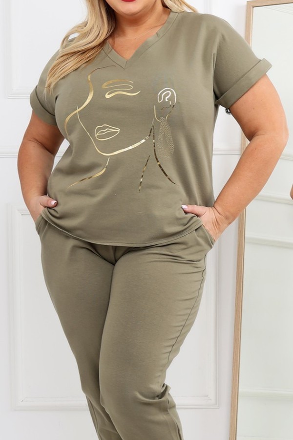 Bawełniany dres damski plus size w kolorze khaki komplet spodnie i bluzka w serek Perlita 4