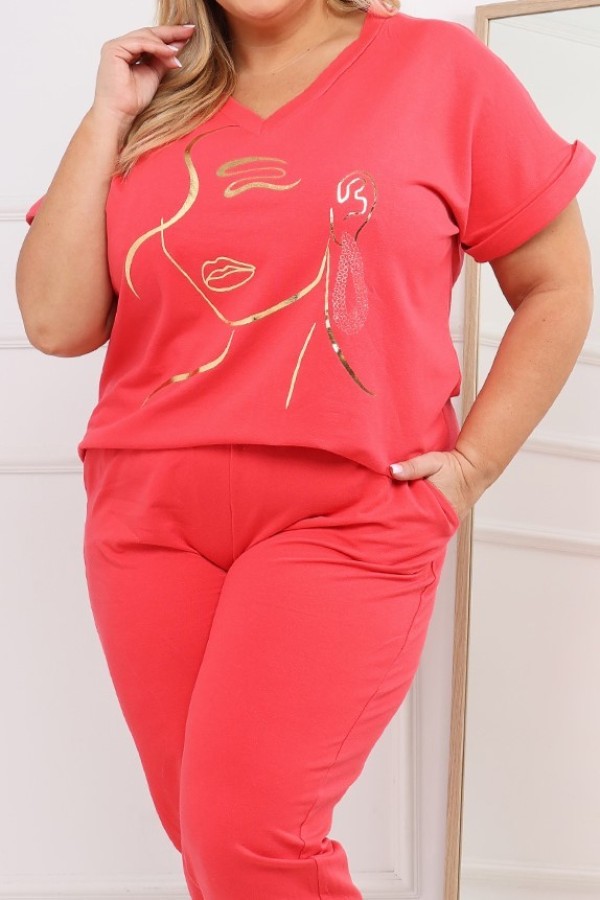 Bawełniany dres damski plus size w kolorze koralowym komplet spodnie i bluzka w serek Perlita 4