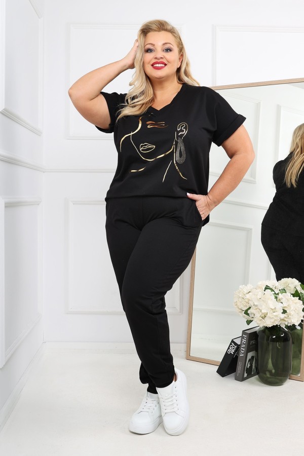 Bawełniany dres damski plus size w kolorze czarnym komplet spodnie i bluzka w serek Perlita 2
