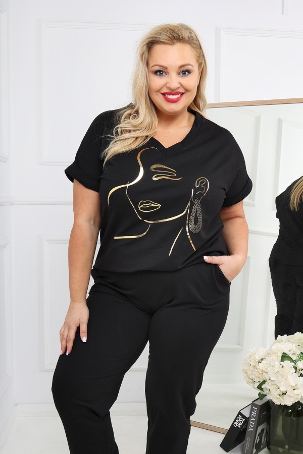 Bawełniany dres damski plus size w kolorze czarnym komplet spodnie i bluzka w serek Perlita 3