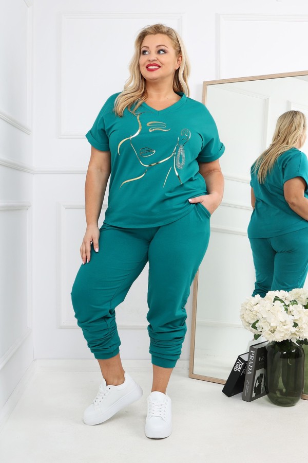 Bawełniany dres damski plus size w kolorze turkusowym komplet spodnie i bluzka w serek Perlita