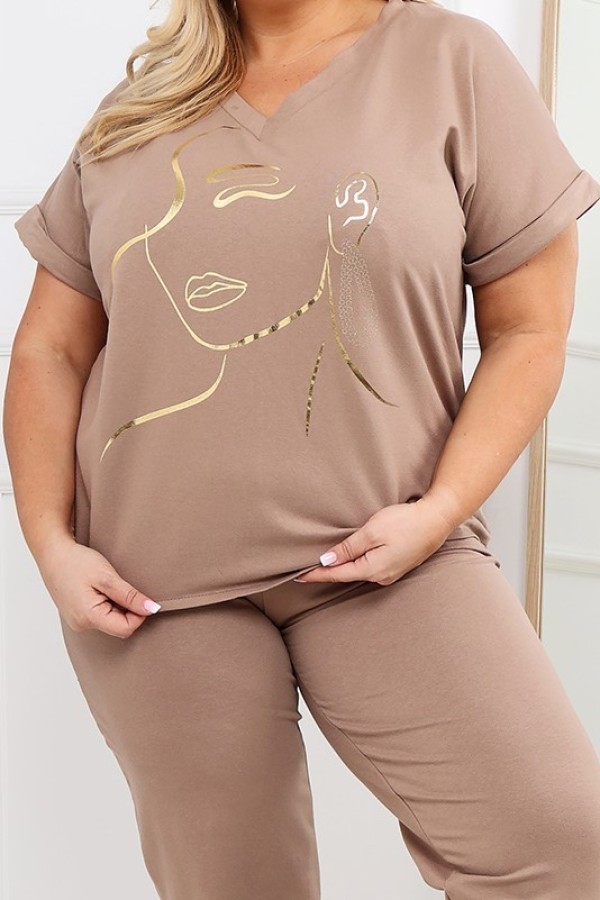 Bawełniany dres damski plus size w kolorze cappuccino komplet spodnie i bluzka w serek Perlita 4
