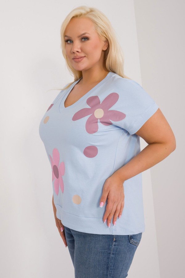 Bluzka damska T-shirt plus size w kolorze błękitnym print kwiaty dżety Coco 4