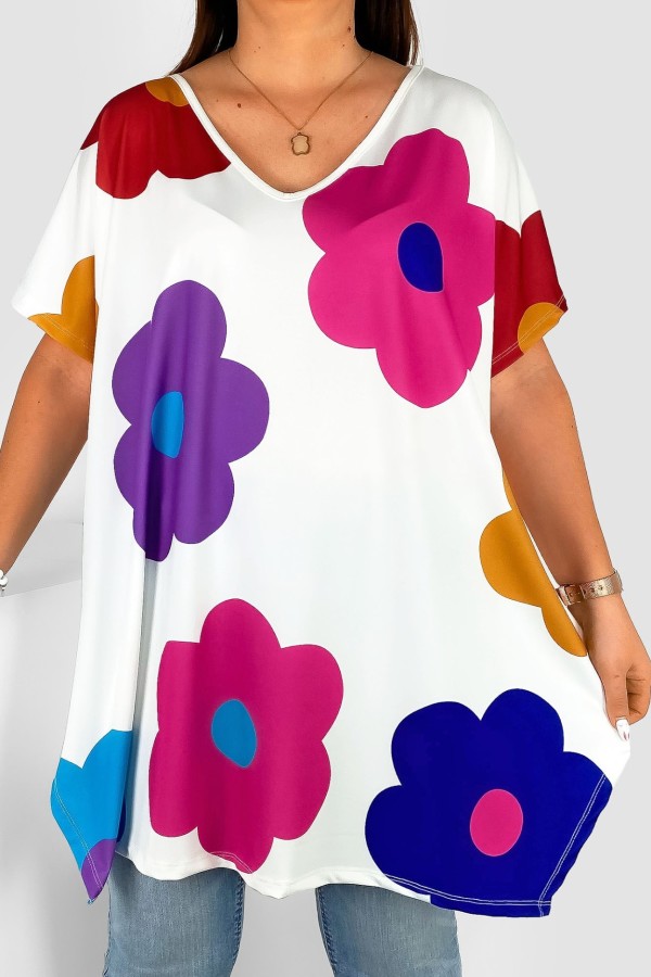 Tunika damska plus size nietoperz multikolor wzór duże kolorowe kwiaty Emilly