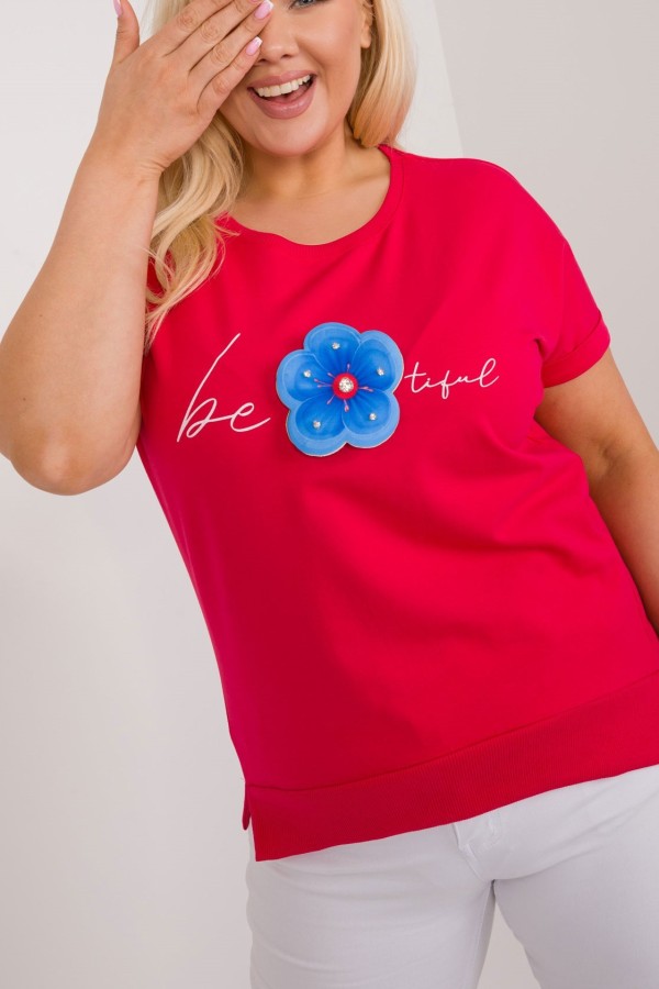 Bluzka damska plus size w kolorze malinowym aplikacja kwiatka 3d cyrkonie Larisa
