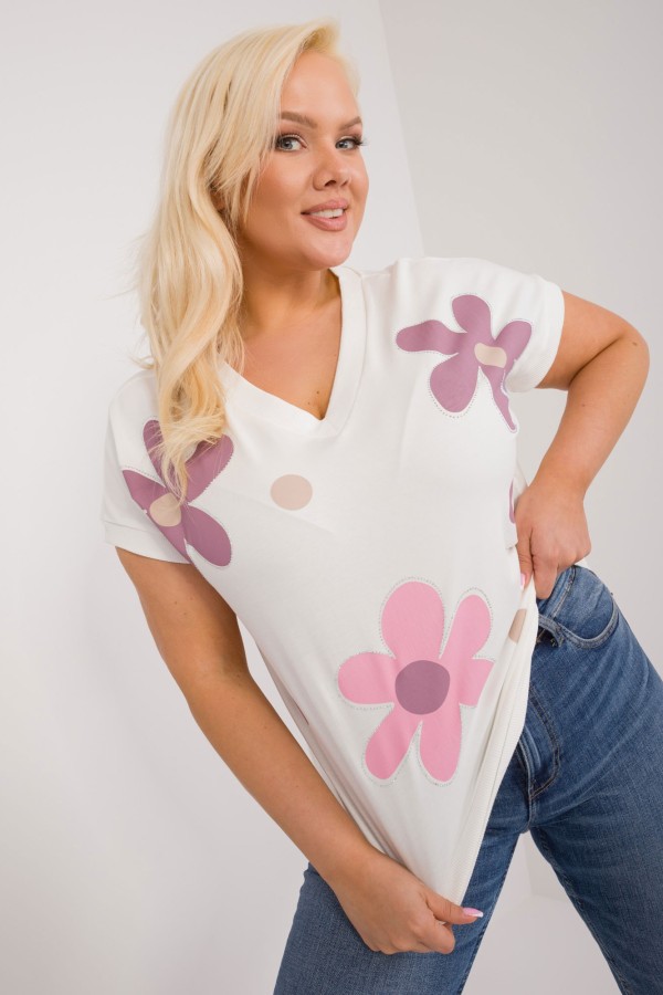 Bluzka damska T-shirt plus size w kolorze ecru print kwiaty dżety Coco 1