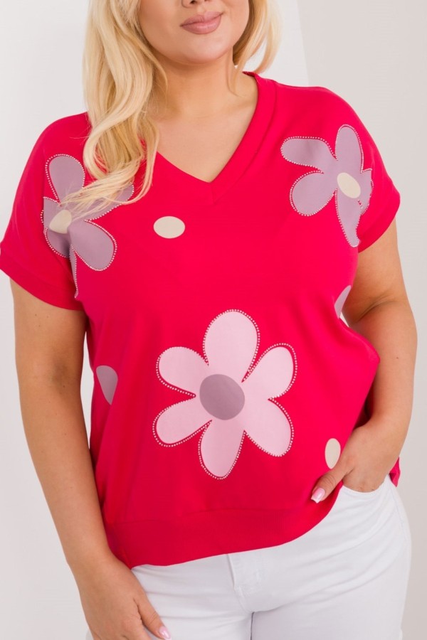 Bluzka damska T-shirt plus size w kolorze czerwonym print kwiaty dżety Coco