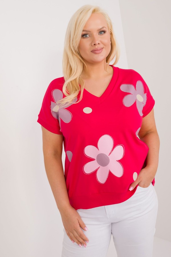 Bluzka damska T-shirt plus size w kolorze czerwonym print kwiaty dżety Coco 2