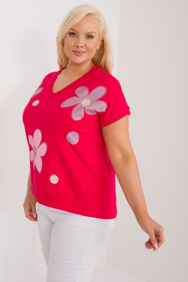 Bluzka damska T-shirt plus size w kolorze czerwonym print kwiaty dżety Coco 4