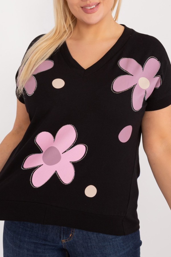 Bluzka damska T-shirt plus size w kolorze czarnym print kwiaty dżety Coco